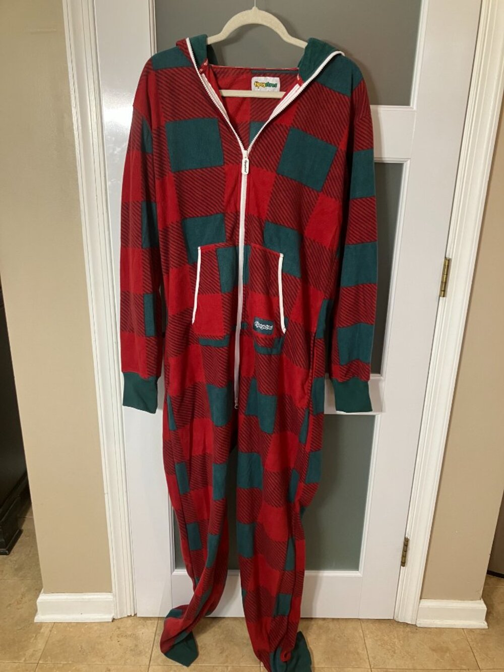 Tipsy Elves Plaid Lumberjack Fleece Hooded Onesie Pajamas Holiday Size L